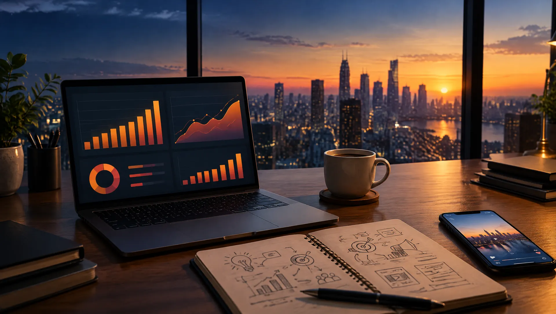 Escritorio de trabajo al amanecer con métricas de campañas en la laptop y bocetos de estrategia