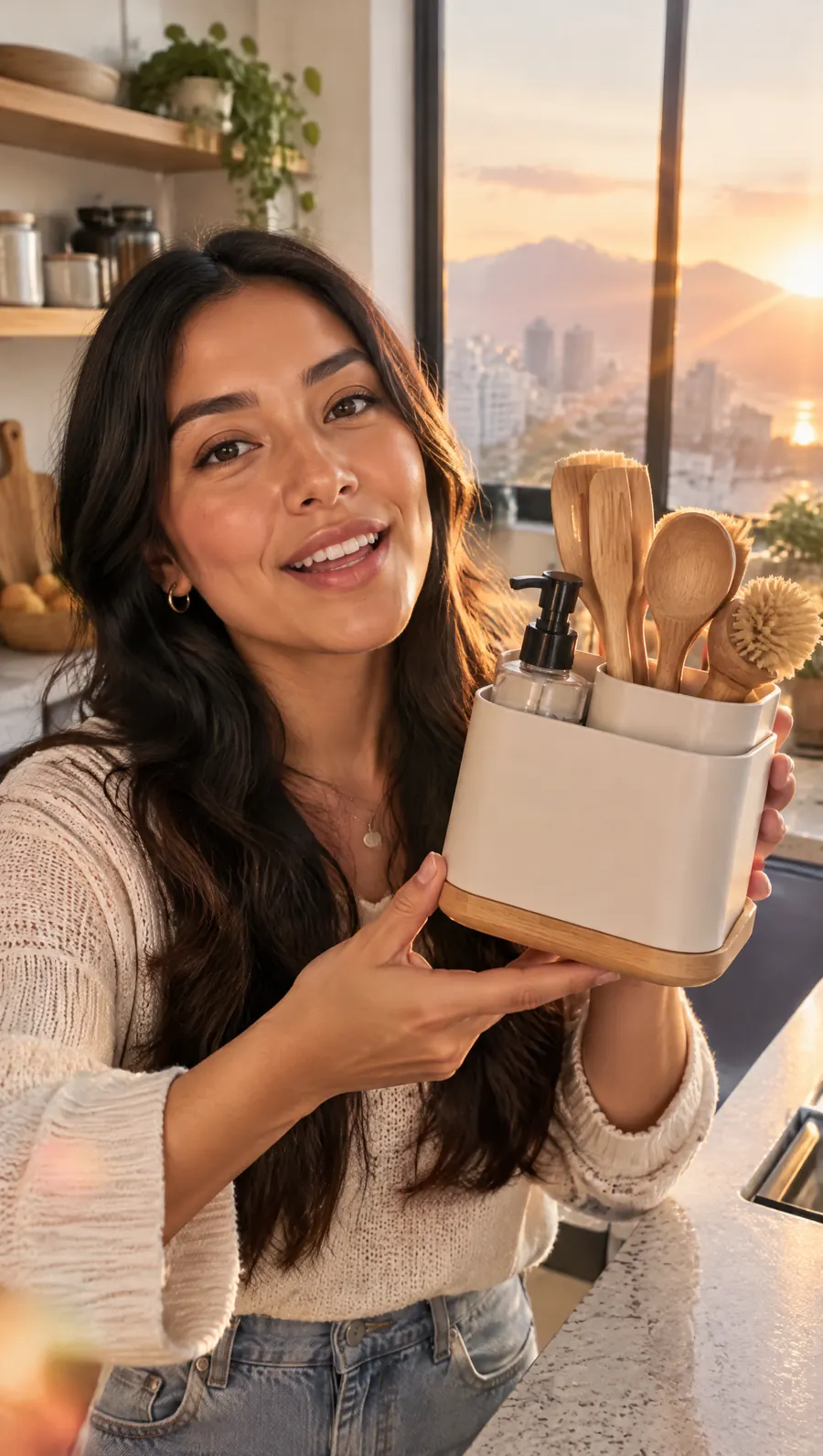 Creadora de contenido presentando un producto frente a su celular al amanecer
