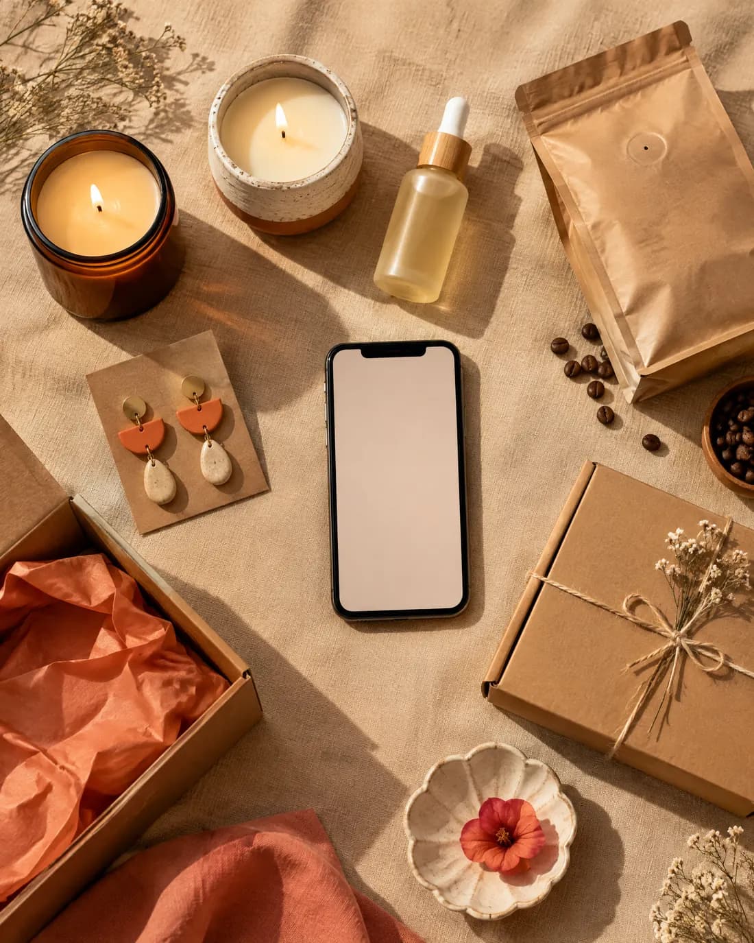 Productos de pequeñas marcas listos para grabarse para TikTok: velas, café, aretes y cajas de envío